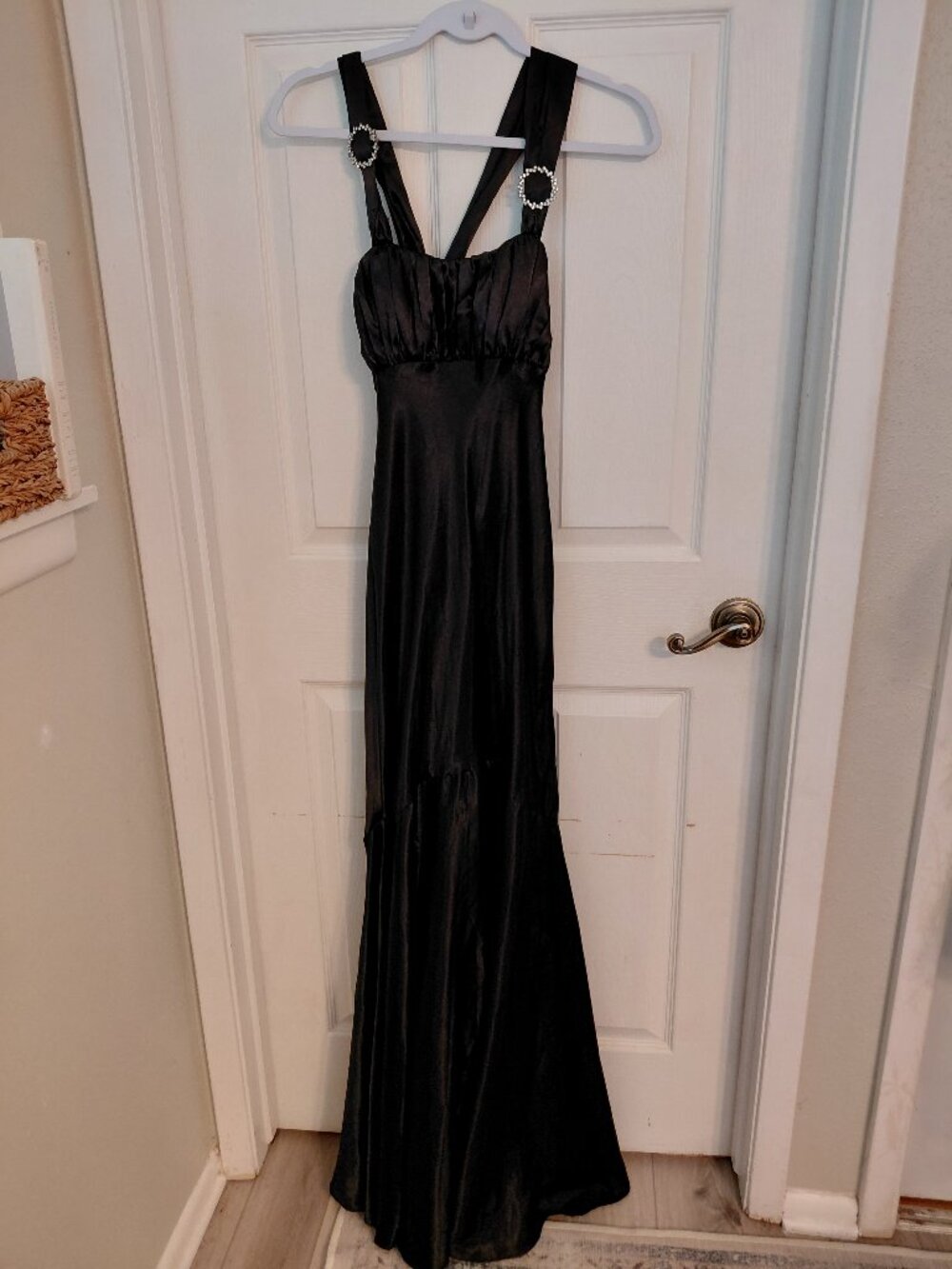 Vintage Cindy USA Black Satin Maxi Floral Dress Rhinestone Party XS Wedding